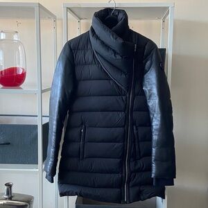 RUDSAK Black Puffer Coat with Lambskin Leather Sleeves